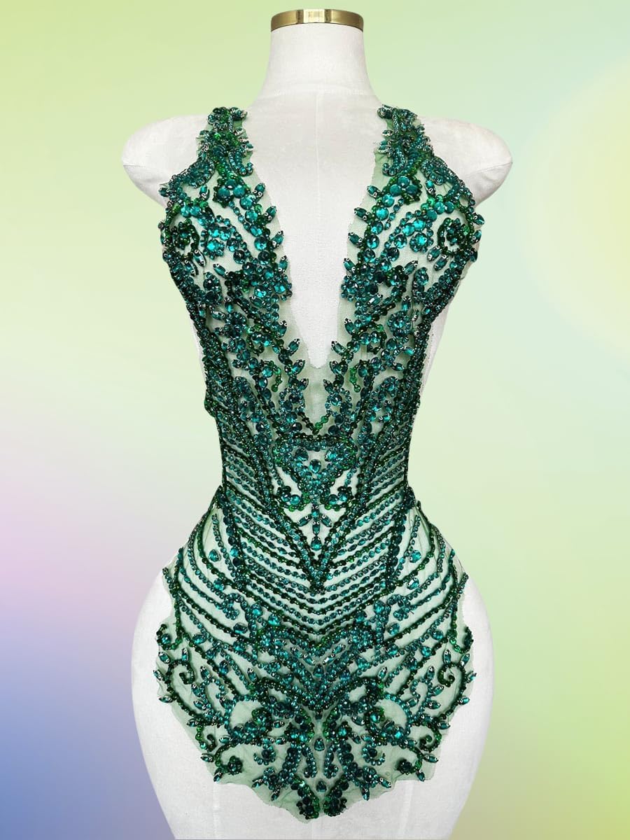 Handmade Rhinestones Large Bodice Applique Glass Stones Beads Bright Crystal Lace Patches Accessories for Weding Dress Decorations (Deepgreen)