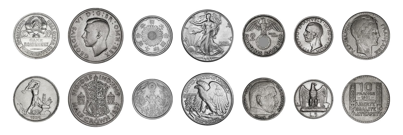 IMPACTO COLECCIONABLES | Collezione Esclusiva di 7 Monete della Seconda Guerra Mondiale (1939–1945) degli Alleati e dell’ASSE – Monete Autentiche e Antiche con Certificato di Autenticità