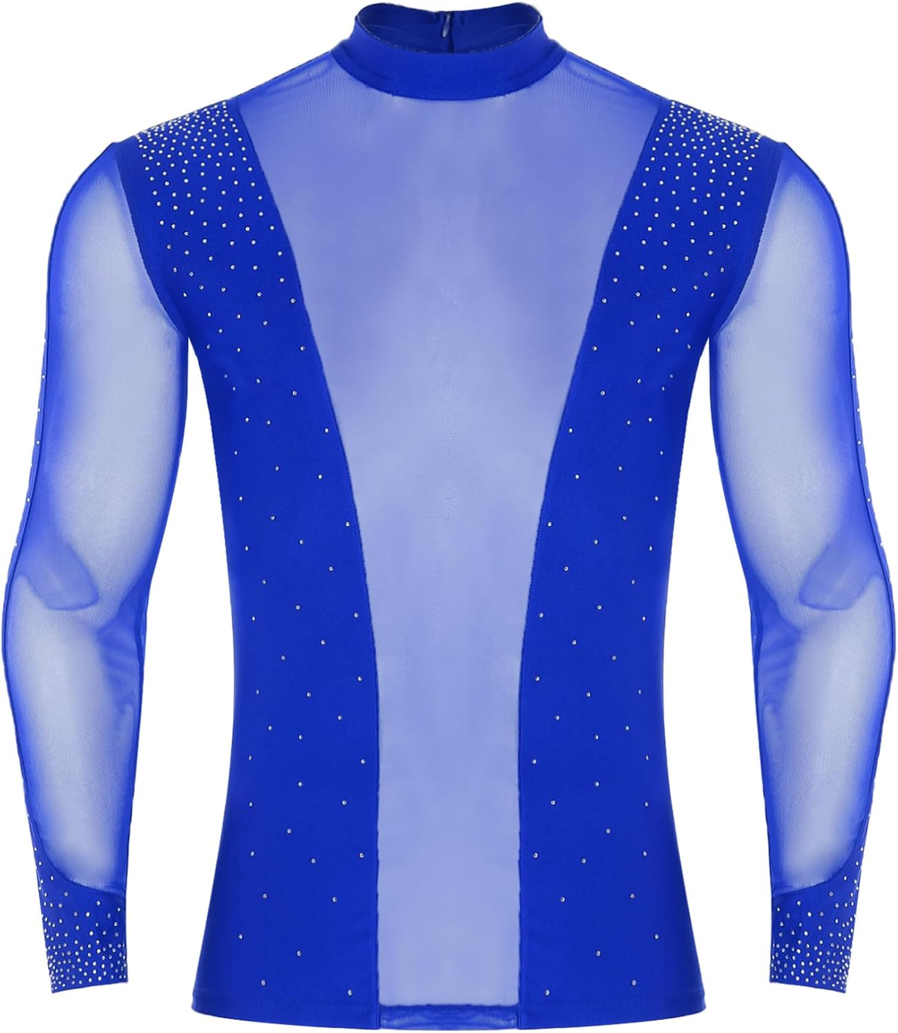 ranrann Mens Modern Dancewear Set Shiny Glitter Ballet Sheer Mesh Top And Loose Pants for Latin Tango Dance Royal Blue 3X-Large
