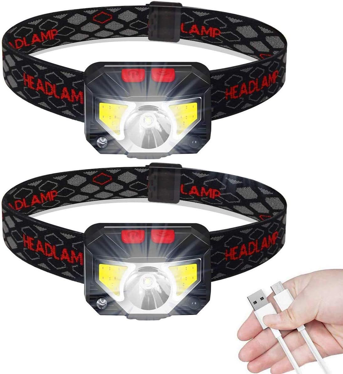 LED Head Torch, 2 Pcs USB Rechargeable Headlamp Headlight, Ultra Bright 800 Lumens COB LED Headtorch, Head Lamp with IPX45 Waterproof for Running, Camping, Hiking, Climbing, Kids