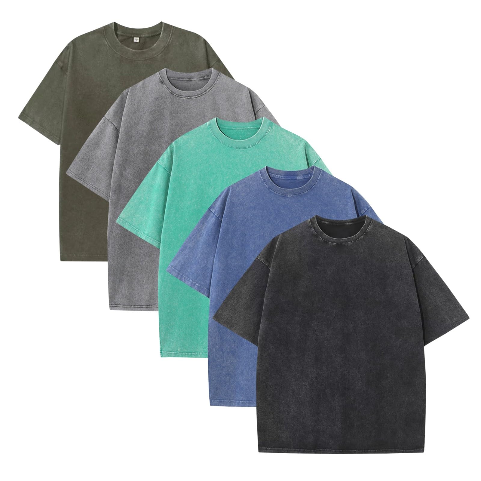 Paquete de 5 camisetas lavadas al ácido para hombre, estilo vintage, de algodón desgastado, manga corta, cuello redondo, camiseta casual de verano