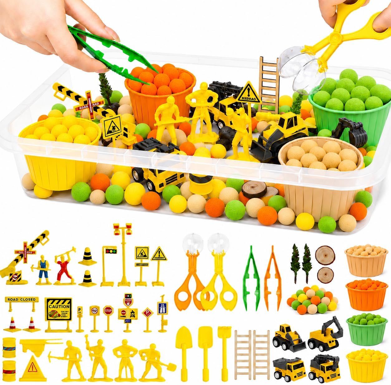 Cinrobiye 150 Pcs Construction Theme Activity Fillers Set with Storage Box, Excavator Accessories, Road Signs, Tools, Building Materials & Sorting Supplies for Classroom Activities, Home Projects