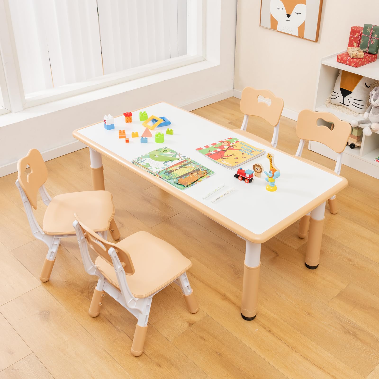 GOPLUS Table Enfant avec 4 Chaises, Réglable en Hauteur, Table a Dessin Enfant avec Plateau à Graffitis, Bureau d'Activité Bebe 18+ Mois pour Chambre d'enfant, Maternelle (Naturel)