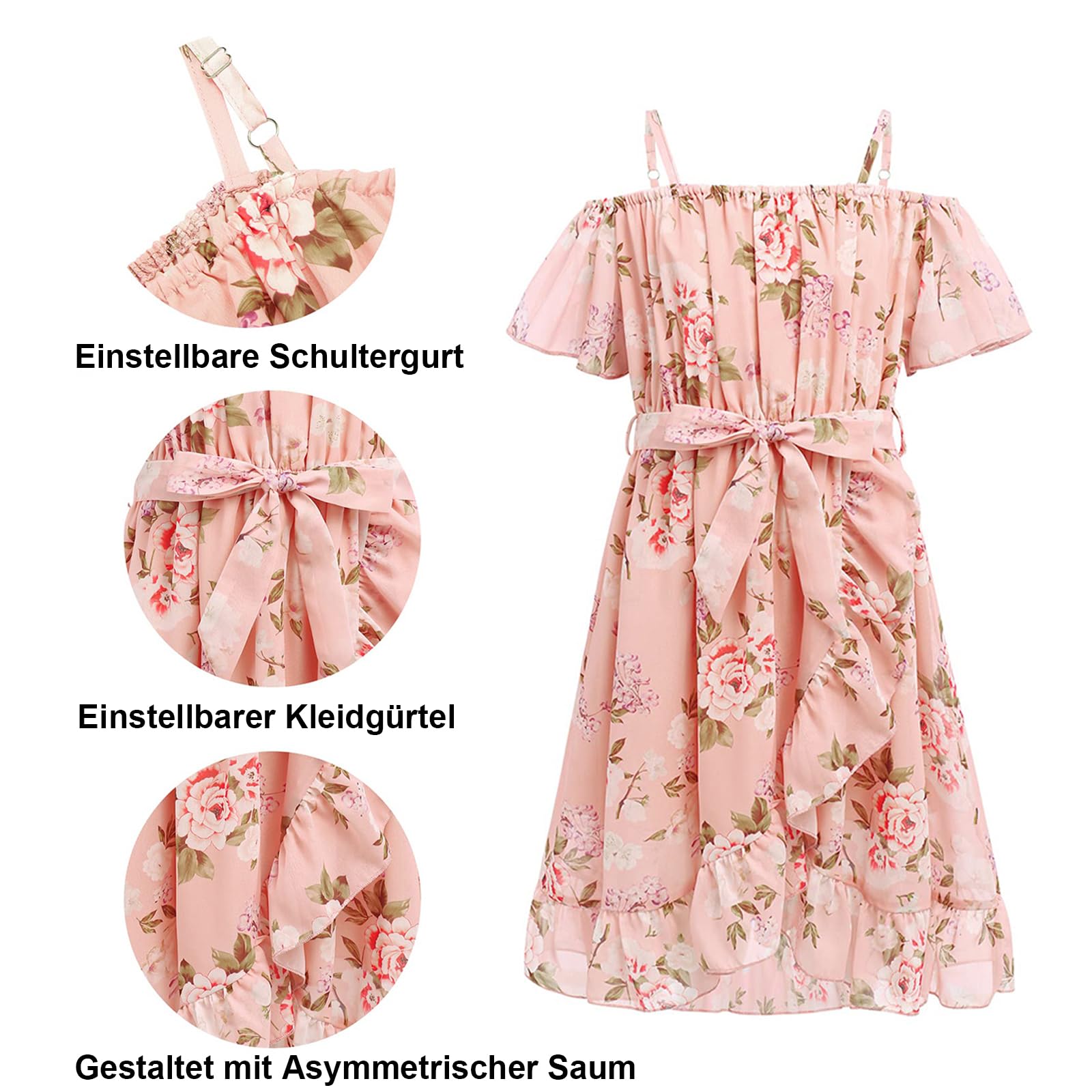 Lässig Kleider für Mädchen,Chiffon Blumenkleid Schulterfrei Sommerkleid mit Verstellbarem Riemen,Freizeit mit Rüschenärmel Ärmeln für Mädchen im Alter von 6 bis 14 Jahren
