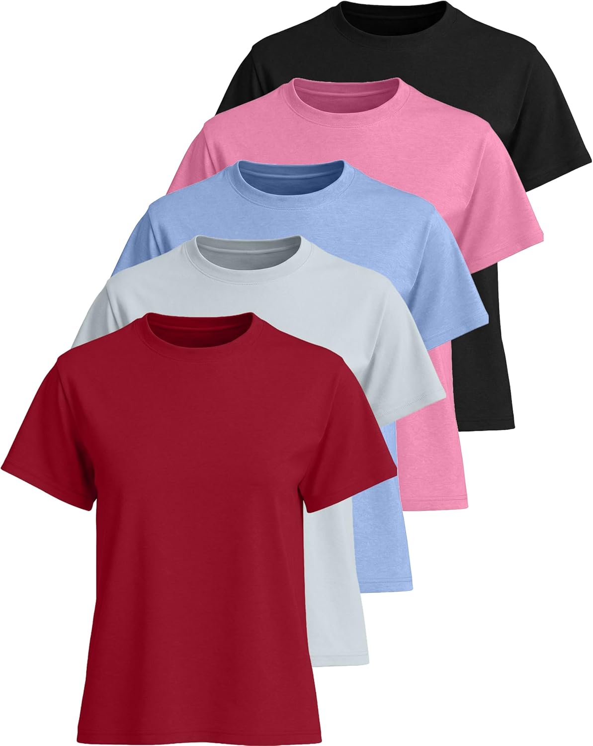Real Essentials 5 Pack: Women’s 100% Cotton Relaxed Fit Short Sleeve T-Shirts Fashion Trendy Tees (Available in Plus Size)