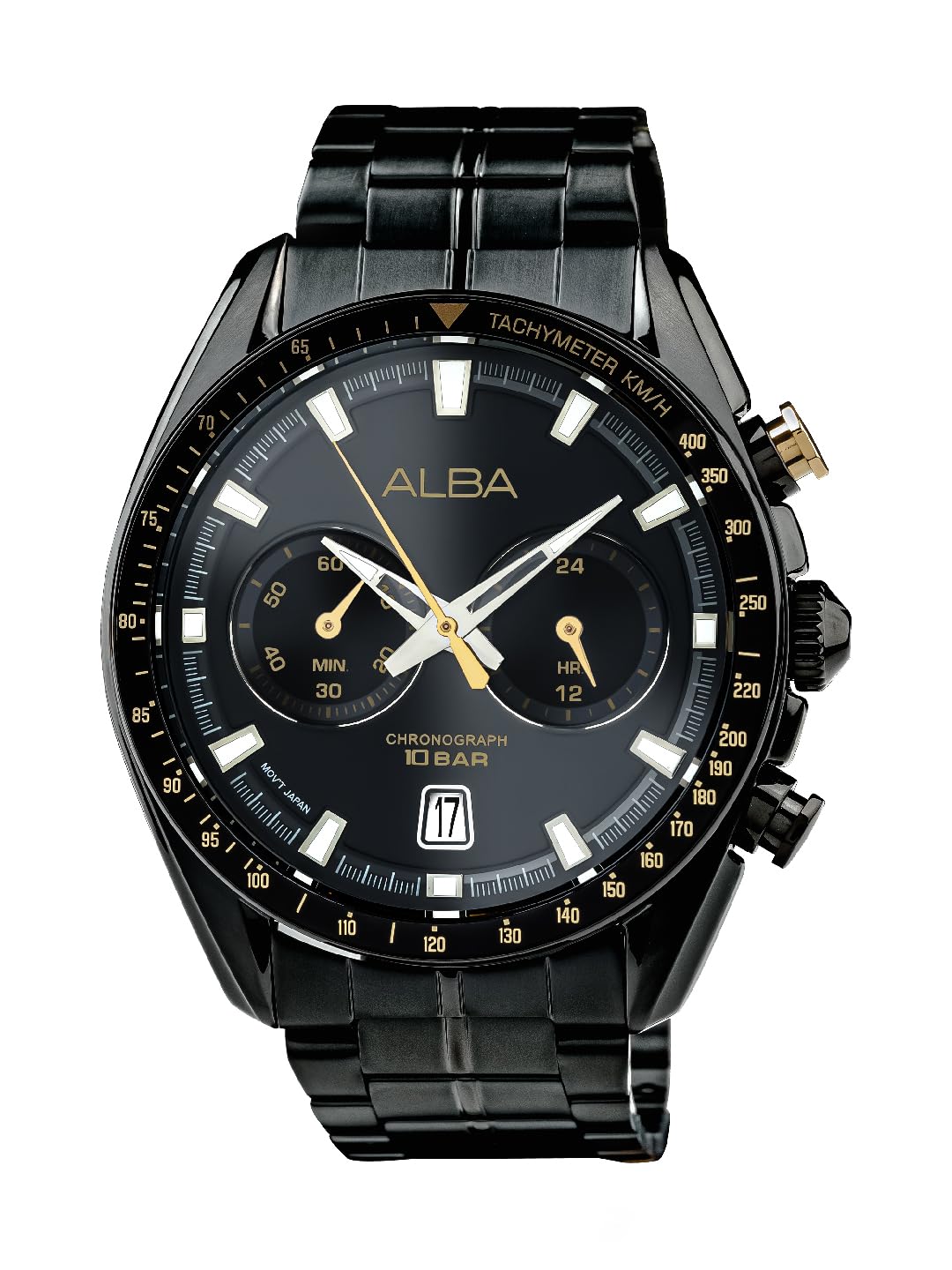 Alba Stainless Steel Tokyo Design Dark Trendy Gold Chronograph Men's Black Dial Watch A4B013X1, Band Color:Black