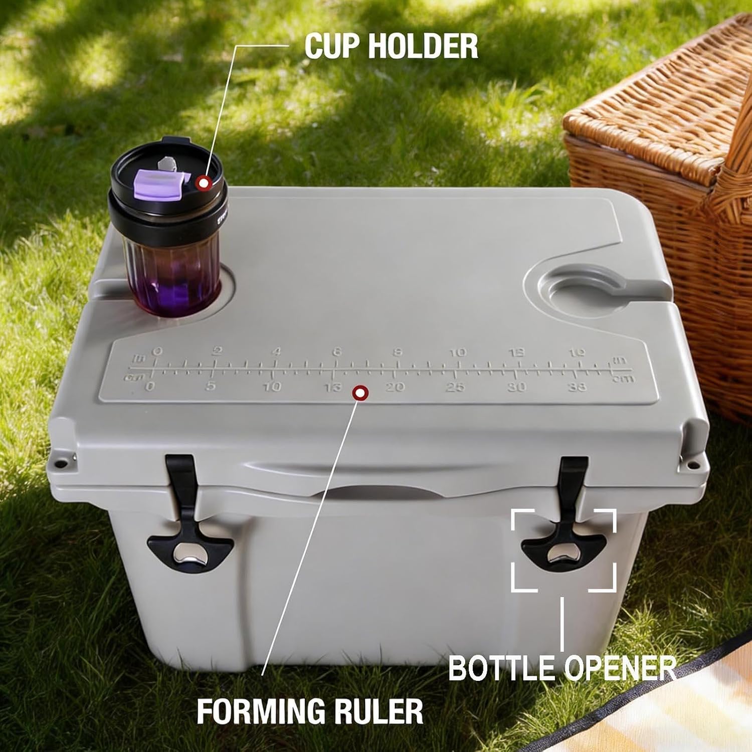 25QT Portable Cooler with Bottle Opener, Cup Holder, Forming Ruler and Portable Handle Outdoor Insulated Cooler Long-Term Insulation, for Camping, Fishing and Everyday Use
