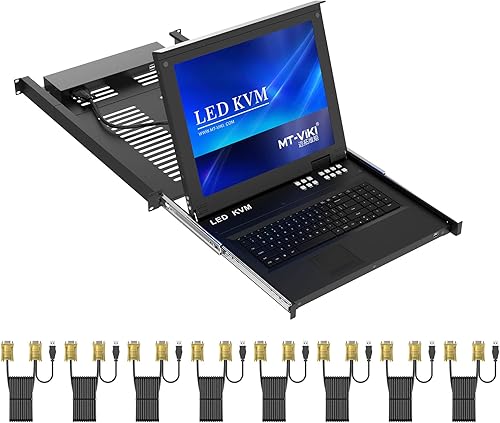 MT-Viki Conmutador KVM de 8 puertos VGA con monitor LCD de 17 pulgadas, consola KVM LCD para rack de 1U de 19 pulgadas, integrado con teclado+panel