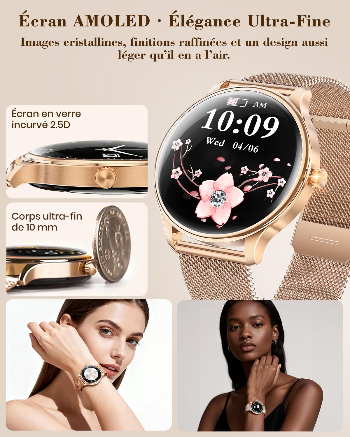 WalkerFit Smartwatch Damen 1,43" AMOLED Bluetooth Anrufe IP68 Fitness Kompatibel iPhone Android Kabelloses Laden wasserdicht Herzfrequenz SpO2 Schlafanalyse 120+ Sportmodi Roségold