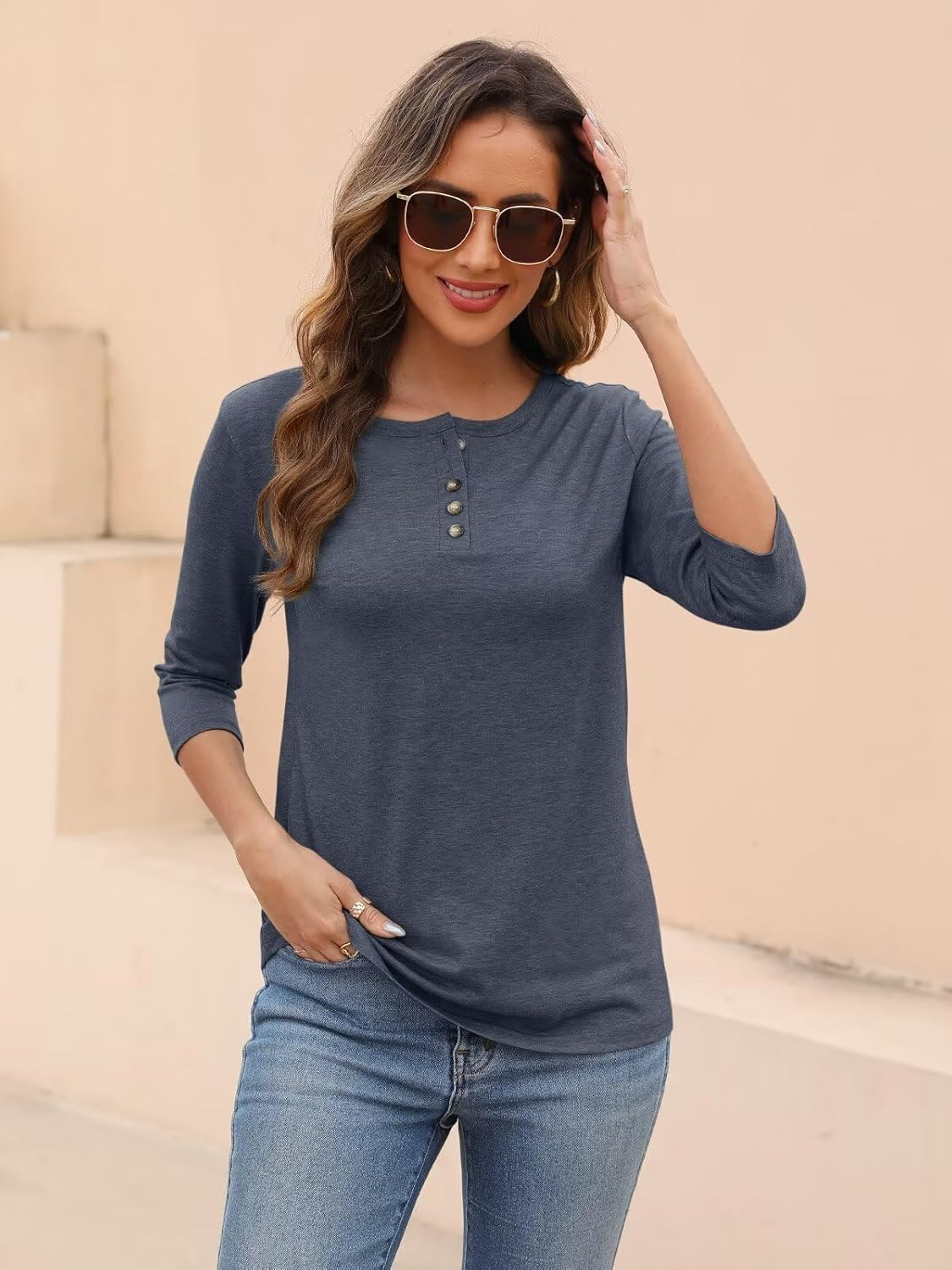 EADINVE Womens Crew Neck 3/4 Sleeve Tops Basic Button T-Shirts Solid Loose Cute Tunic Tee Blouses Fit Pullover - Image 4
