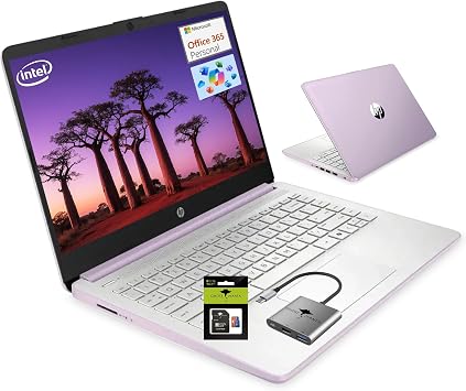 HP 14 Student-Laptop Back to School, Quad-Core Processor Up to 3.6GHz 8GB RAM 192GB Storage128GB UFS + 64GB SD Card Laptops for Student with 1-Year Office 365 Copilot AI Win11, Honey Lavender