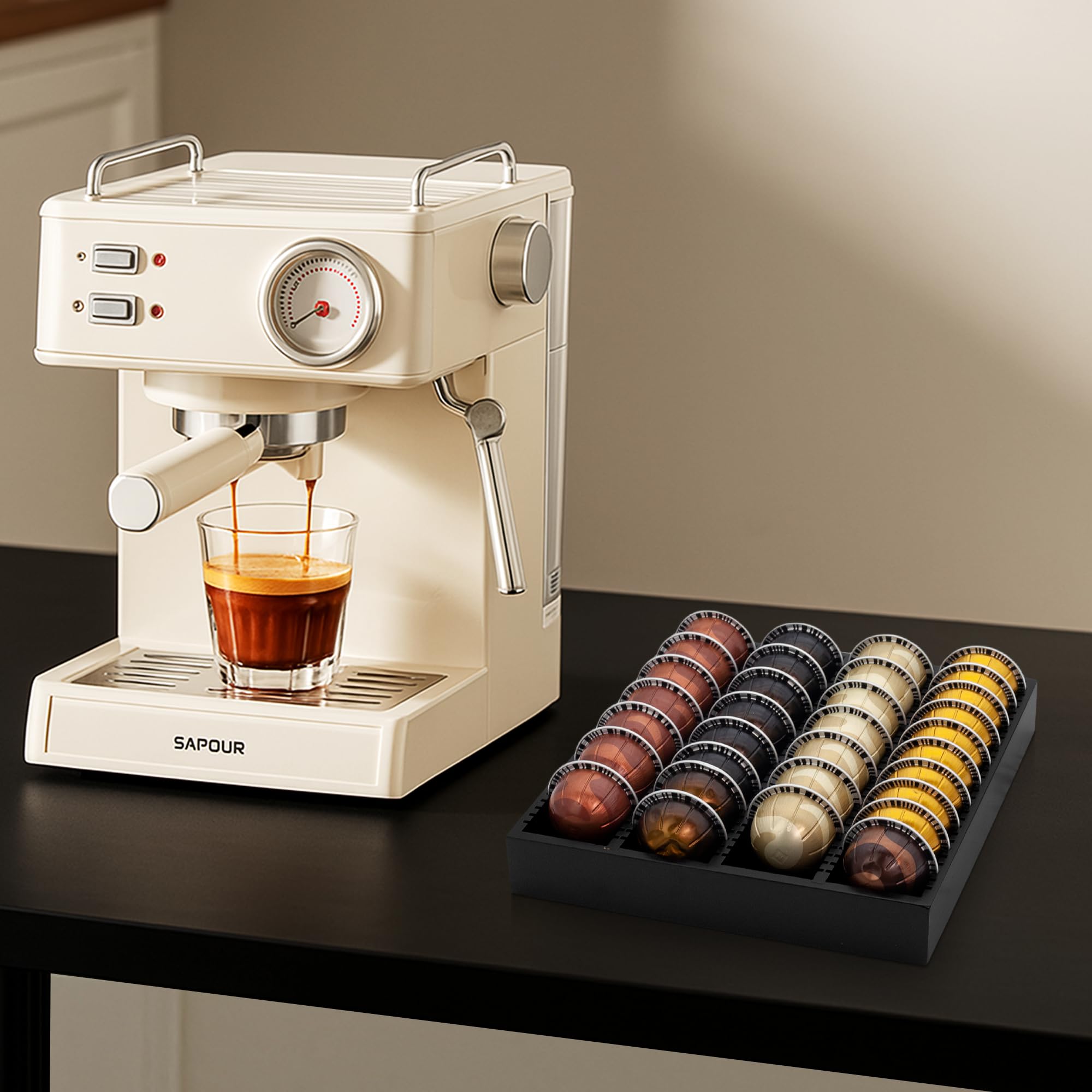 MinBoo Bandeja de almacenamiento de cápsulas de café de bambú, organizador de inserto de cajón de bambú para cápsulas de café, compatible con cápsulas Vertuoline, adecuado para cocina, hogar, oficina