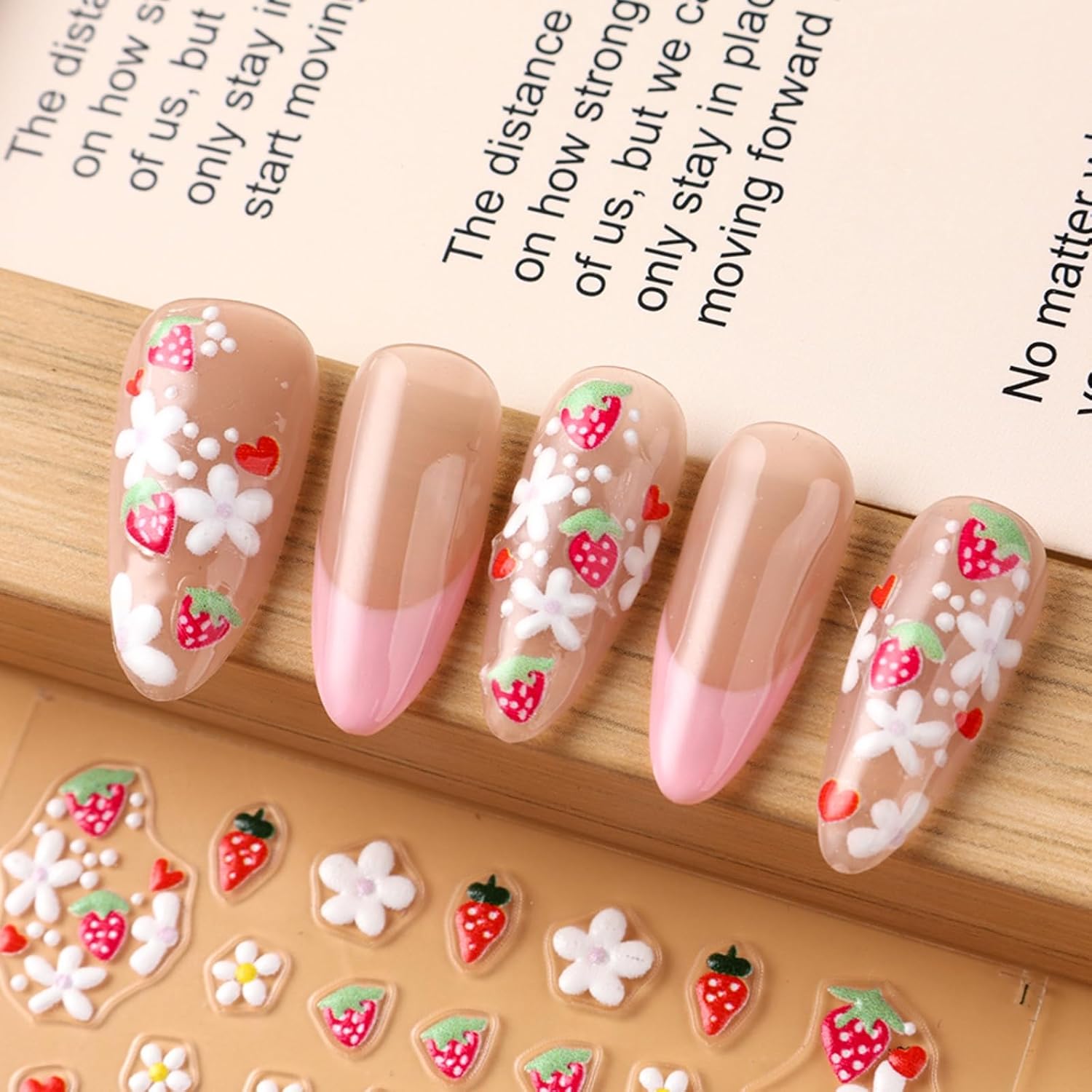 Strawberry Nail Art Stickers Decals 3PCS Strawberry Flower Nail Stickers Fruit Heart Flower Decals Spring Summer Nails Supplies Strawberries Floral Manicure Accessories for Women Nails Decoration image 5