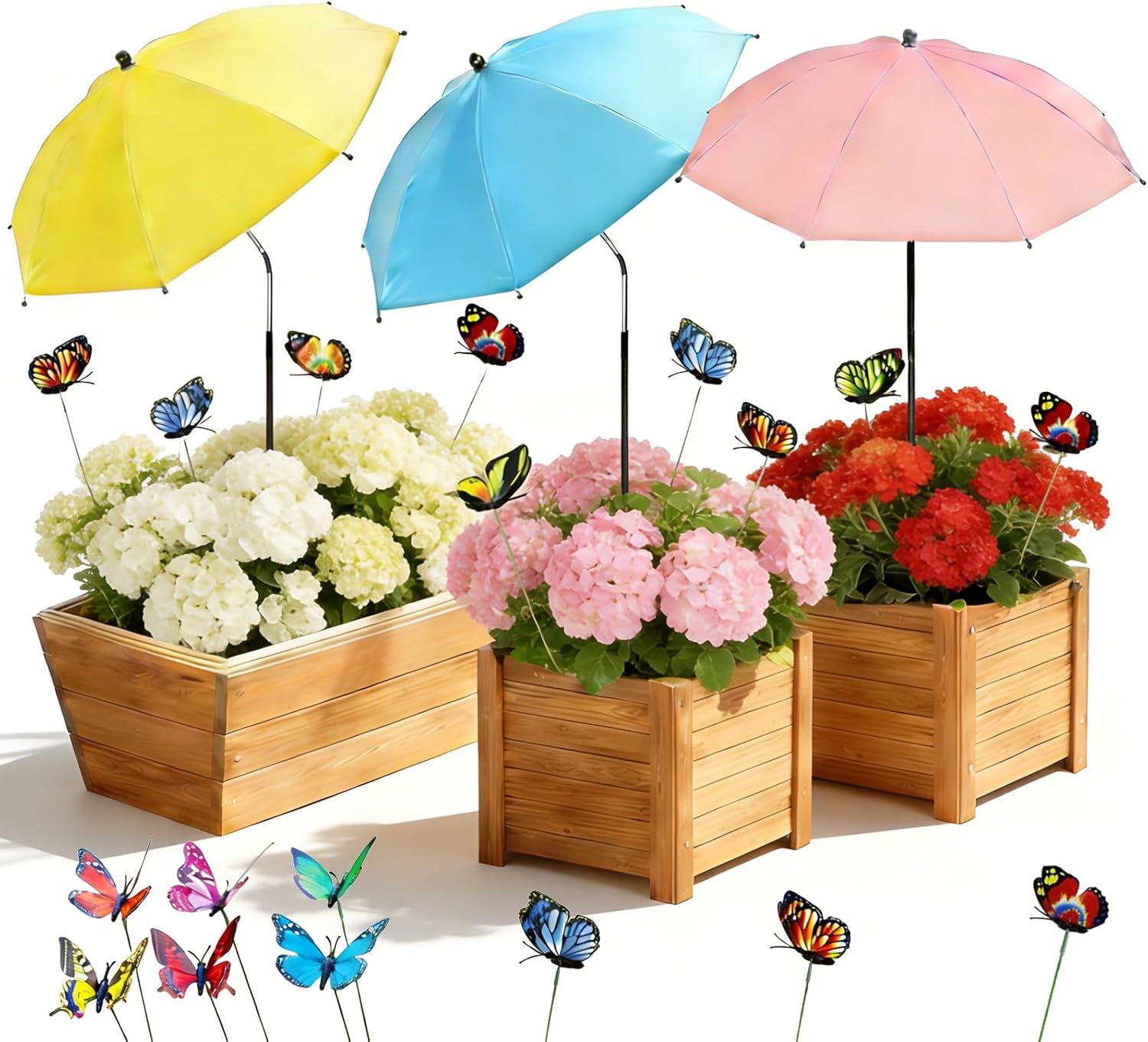 3 Pcs Plant Umbrellas for Outdoor Plants, Garden Umbrella Shade for Plants, Garden Sunshade Adjustable Angle Plant Shade Cover from Blazing Sun & Rain with 9Pcs Butterfly Decor