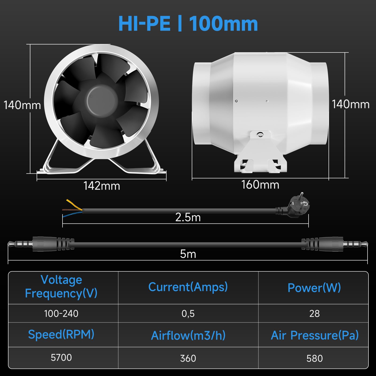 Hon&Guan HI-PE - Set di aria super volume, 360 m³/h, 100 mm, con regolatore di velocità, filtro ai carboni attivi, tubo di scarico in gomma, ventola di ventilazione avanzata per motore EC