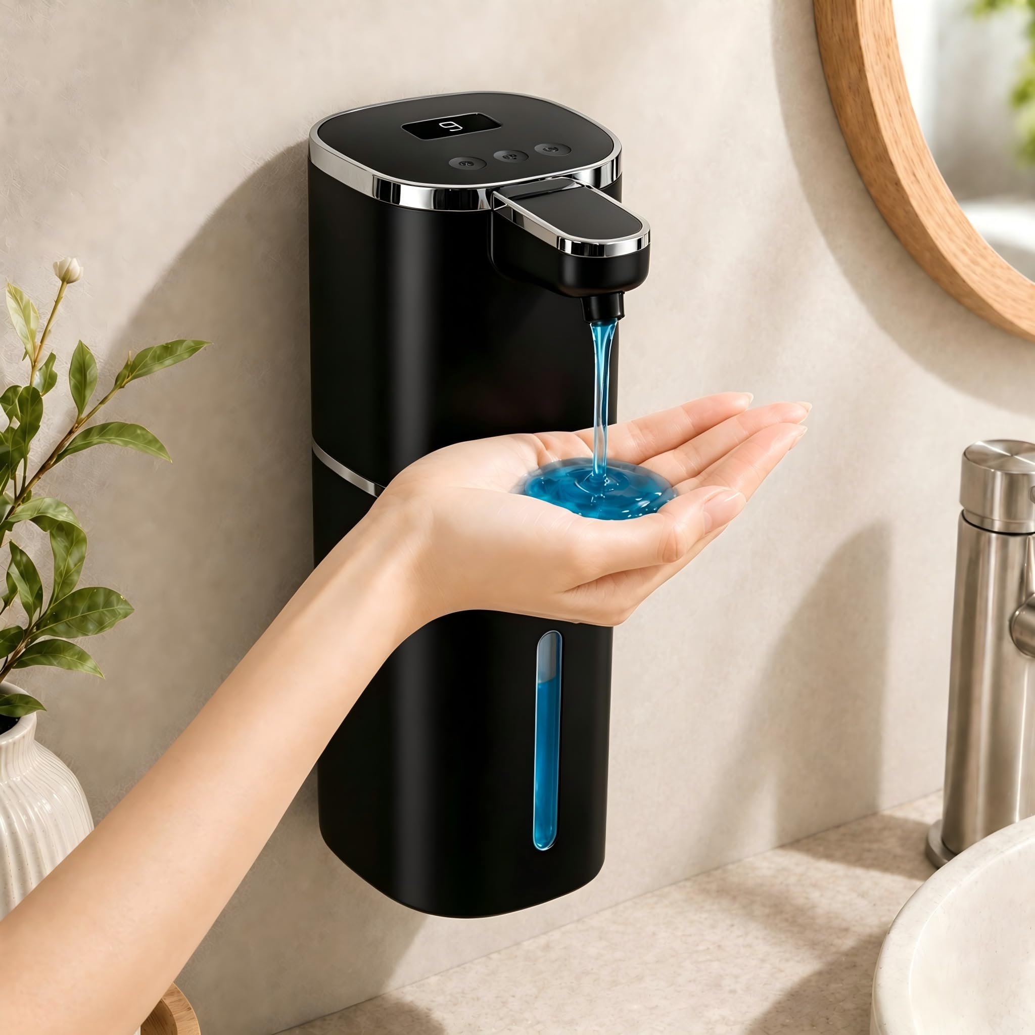 Dispensador automático de jabón líquido, 9 niveles ajustables, 380 ml, dispensador de jabón de manos o jabón para platos, sensor IR y pantalla, montaje en pared o mesa para baño, cocina (negro)