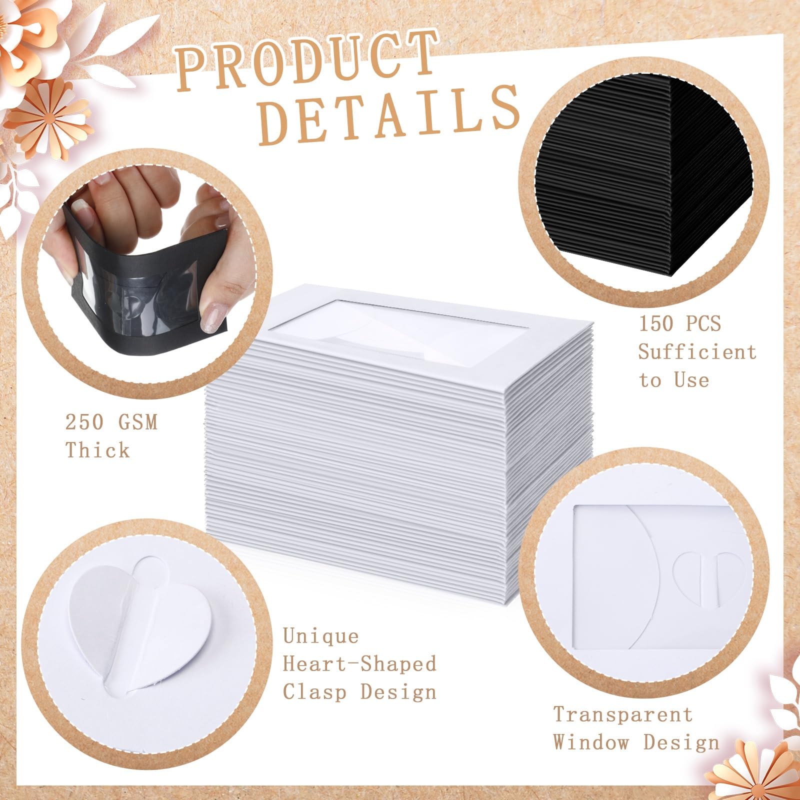 Uiifan Lot de 150 enveloppes vierges pour cartes cadeaux avec fenêtre transparente, 10,2 x 7,1 cm, mini enveloppes vierges avec fermoir en forme de cœur, pochettes pour cartes de visite, cartes clés