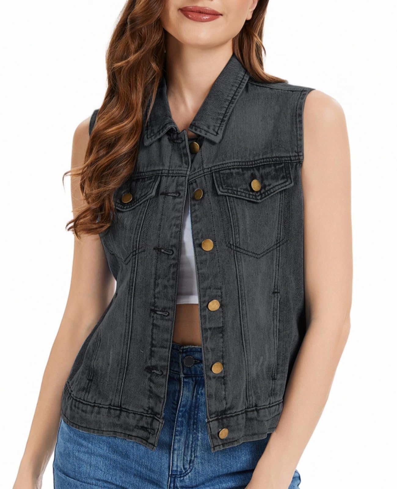 Womens Denim Vest Button Down Jacket W Chest Flap Pockets 2025 Washed Distressed Sleeveless Jean Jacket