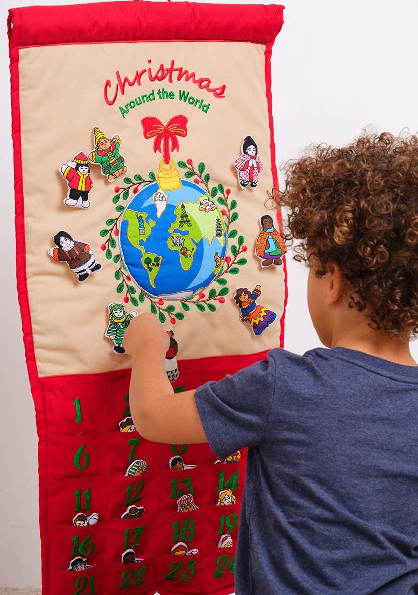 Christmas Around the World Advent Calendar by Pockets of Learning | Interactive Holiday Countdown with 25 Stuffed Ornaments | Seasonal Fabric Cloth Wall Hanging Décor w/Pockets