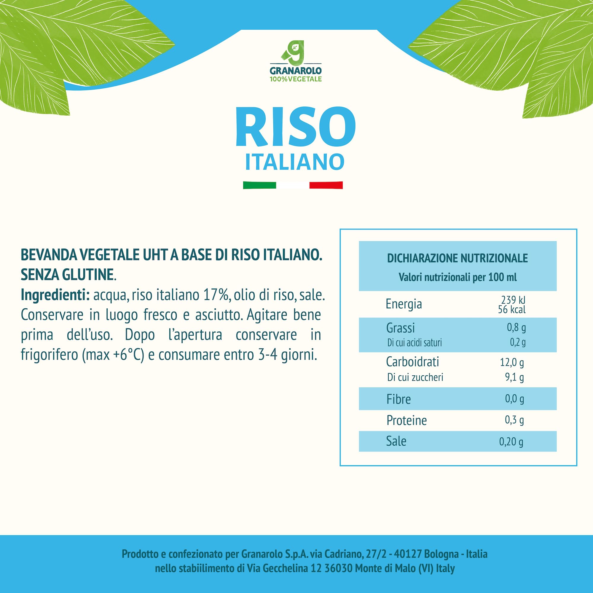 Granarolo, Bevanda di Riso da 1 Litro, 6 Confezioni di Bevanda Vegetale UHT a Base di Riso, 100% Made in Italy, Gusto Naturale, Senza Zuccheri Aggiunti, Senza Lattosio