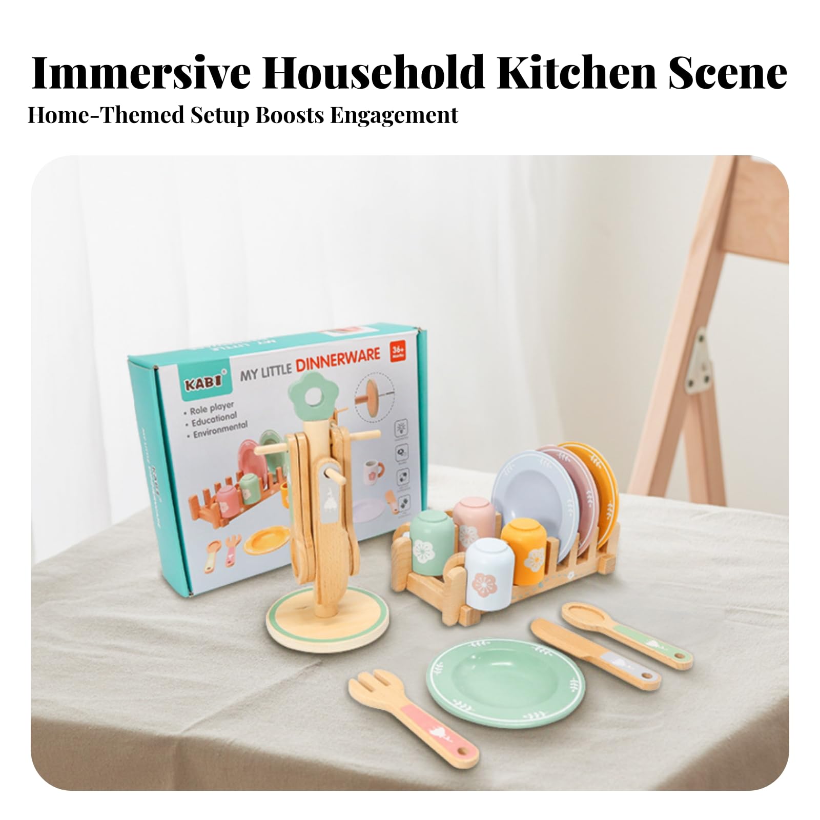 Set Cucina Giocattolo Bambini in Legno Servizio Piatti Bicchieri Posate con Rastrelliera E Supporto Materiale Faggio E Multistrato Adatto a Gioco Immaginazione Casa Aule Cameretta