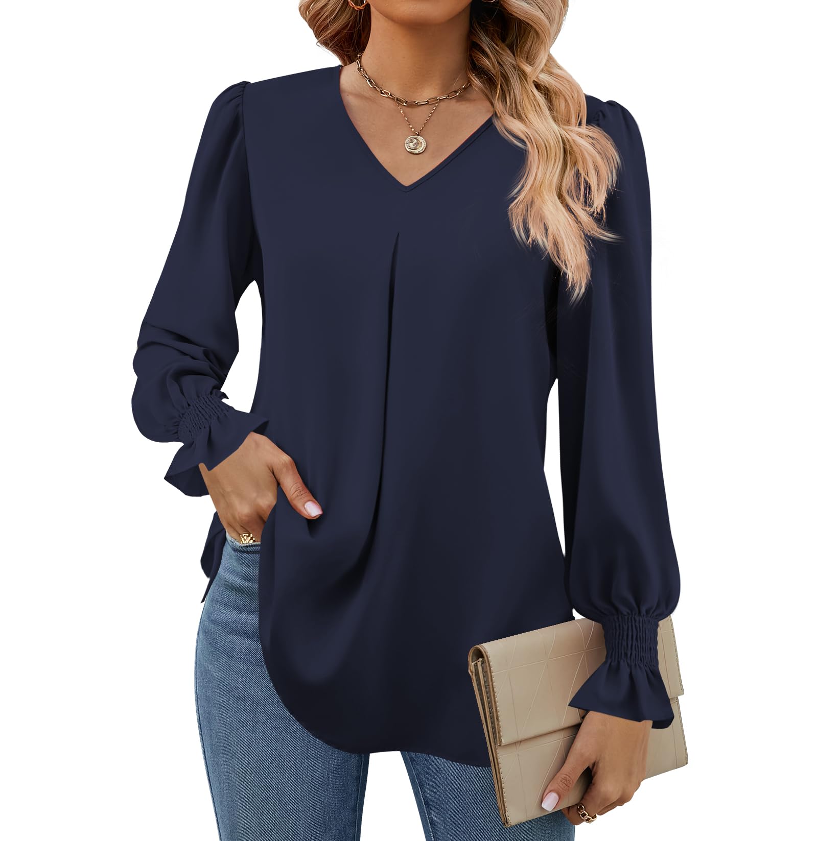 Funlingo Women's 2025 Long Sleeve Tops Dressy Casual V Neck Tunic Shirts Loose Chiffon Work Blouse