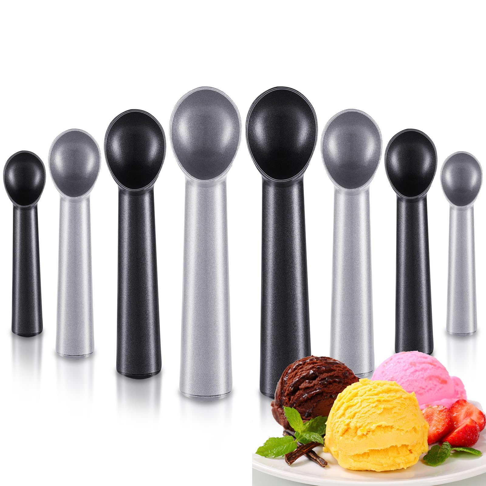 Gejoy Lot de 8 cuillères à crème glacée antiadhésives de 17,8 cm en aluminium pour gelatos, yaourt, fruits, sundaes, sorbet, amande, pâte à biscuits, noir et argenté