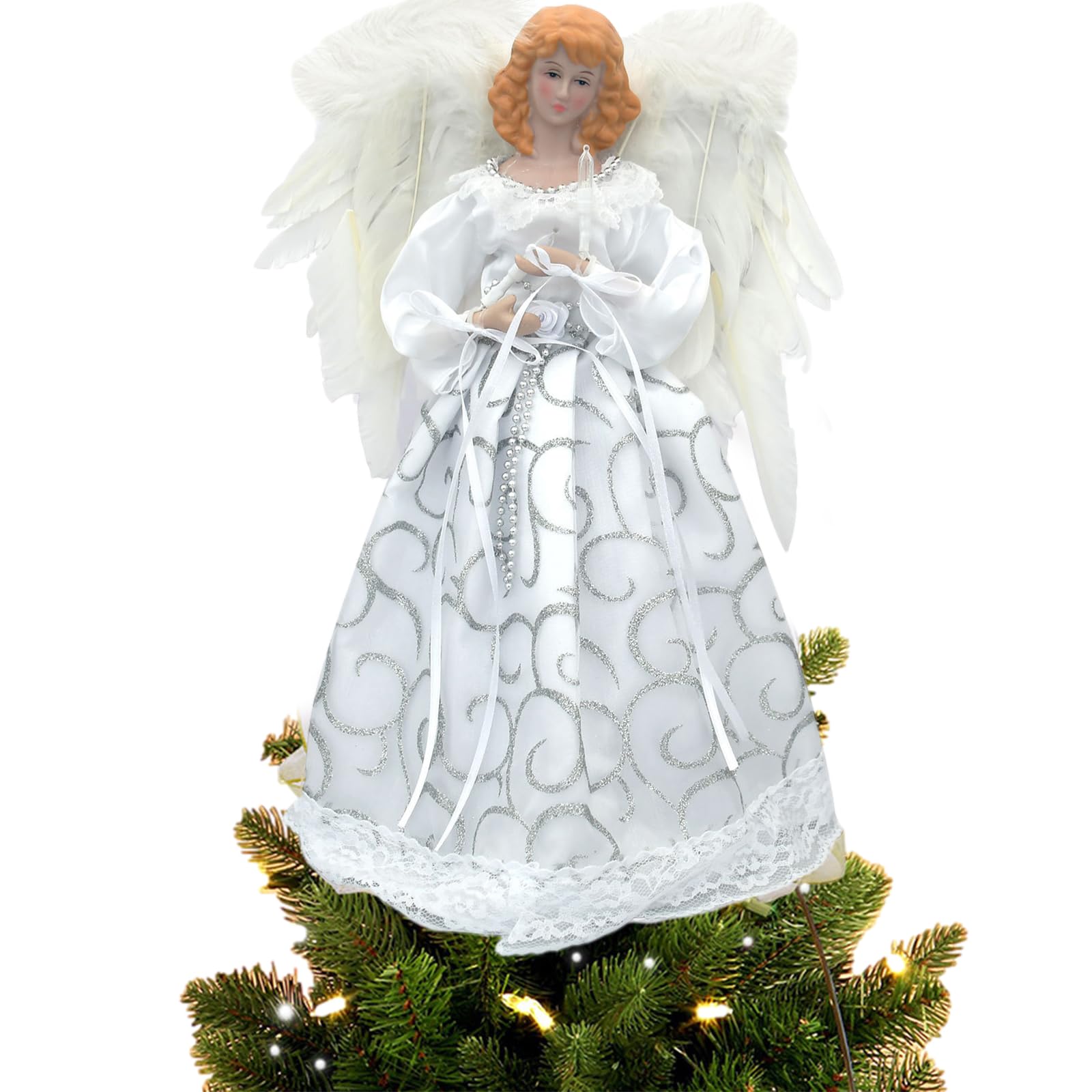 Ange Pour Sapin De Noël – Déco Traditionnelle Avec Ailes En Plumes Blanches, 25x30 Cm, Lumière Intégrée