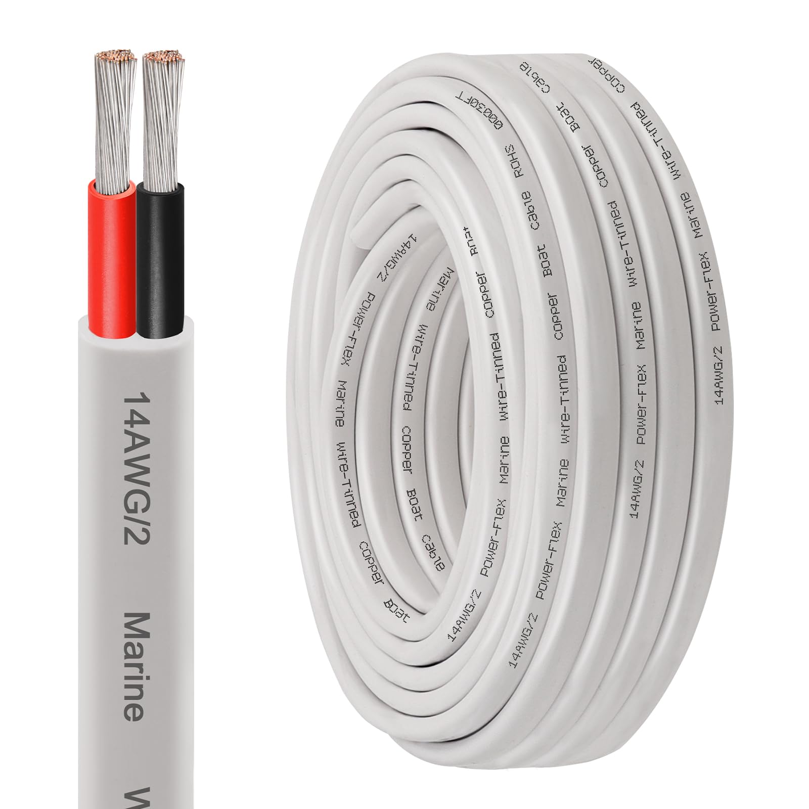 XRDS -RF 14 AWG Marine Wire 40FT, 2-Conductor (Red & Black) Duplex Marine Grade Boat Cable, High-Strand Tinned Copper Electrical Wire, Flexible PVC Jacket for Boats, RVs, Trailers & Solar