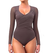Xibing Bodysuits for Womens Long Sleeve Sheer Mesh Ruched Body Suits V Neck Going Out Tops S-XL