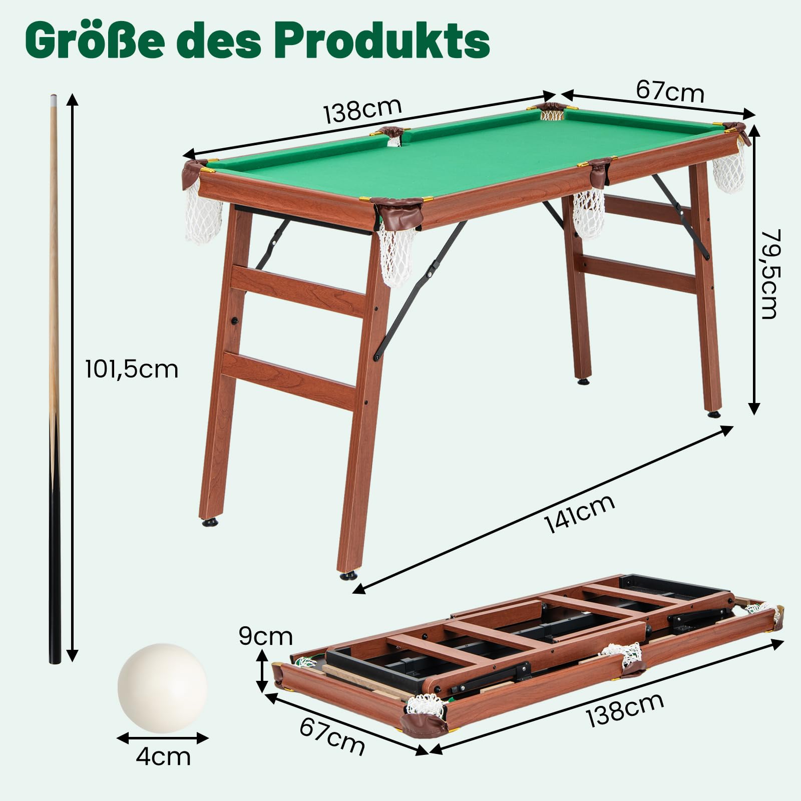 COSTWAY Billardtisch Klappbar, 138 x 67 x 79,5 cm, inkl. 2 Queues, 16 Billard, 2 Kreiden, Dreieck, Bürste