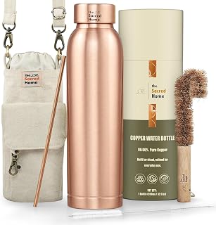 Premium 99.96% Pure Copper Water Bottle, 32 oz (950 ml), Classic Matte Finish,Leak-Proof Cap | Canvas Bag, Coconut Fiber Brush & Copper Straw Cleaner | Home, Office, Gym & Travel