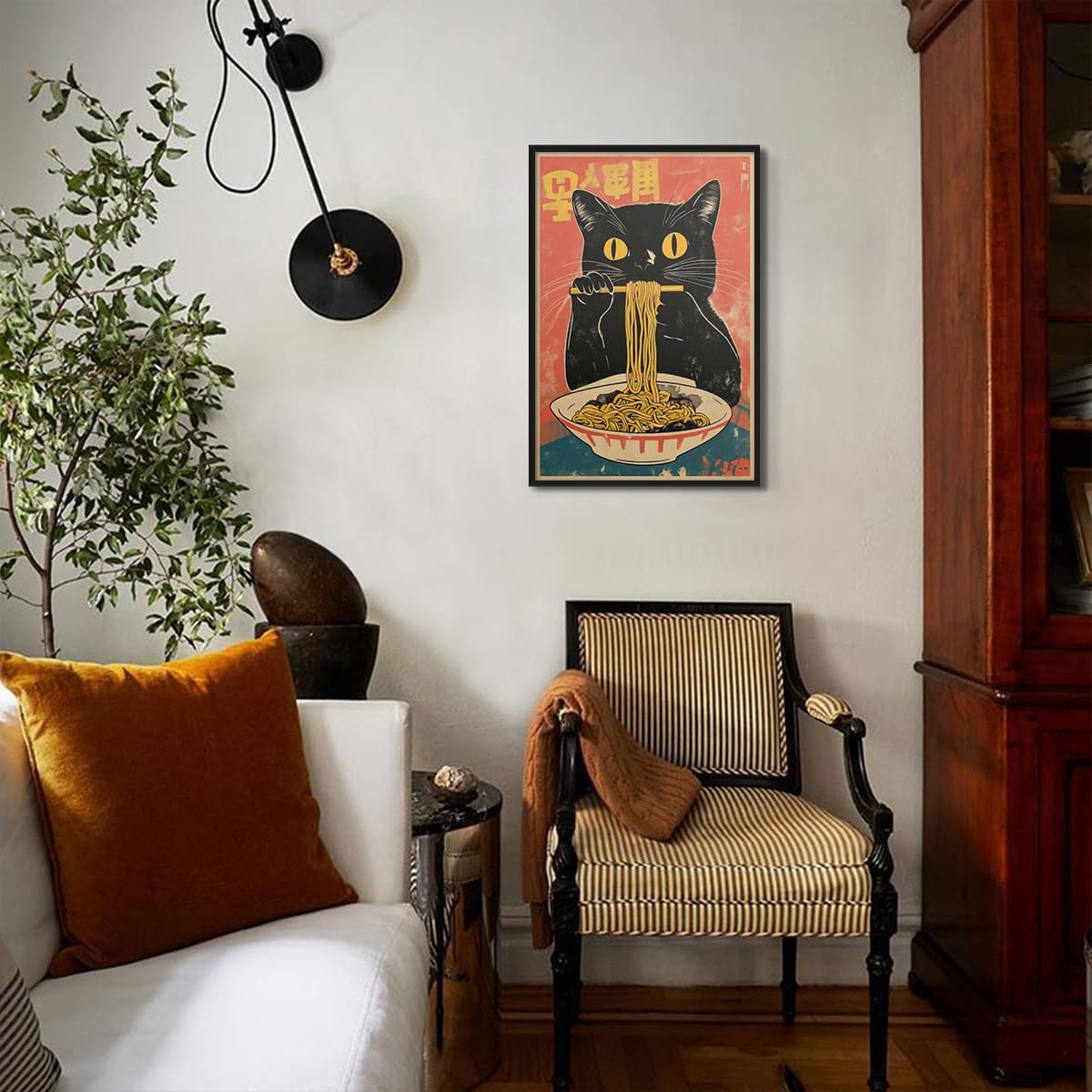 Vintage Japanese Cat Canvas Wall Art, Quirky Black Cat Eating Ramen Poster, Retro Funny Animal Food Art Print, Unique Kitchen Dining Room Wall Decor, Noodle Lover Gift 8x12in Framed