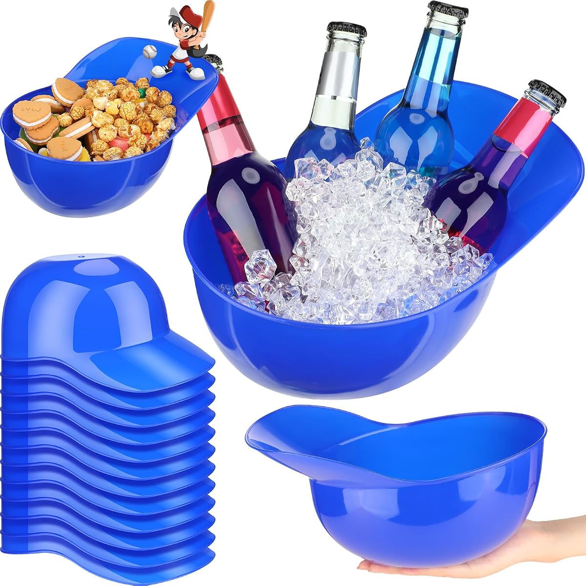 Cuenco grande de plástico para casco de béisbol de 72 oz, sombreros de béisbol, cuencos, aperitivos, helado, postre, casco, tazas para trabajadores de cumpleaños, construcción, palomitas de maíz, recuerdo de fiesta (azul, 12 unidades)