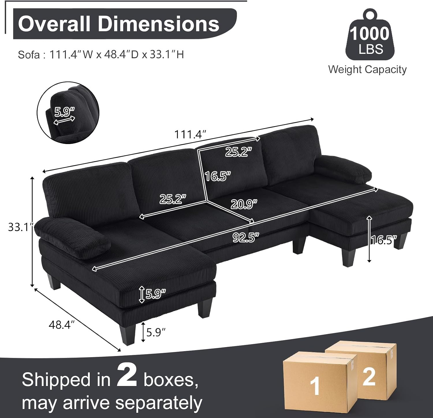 Karl Home 111" U-Shaped 4-Seat Sectional Sofa Black Corduroy Wood Legs