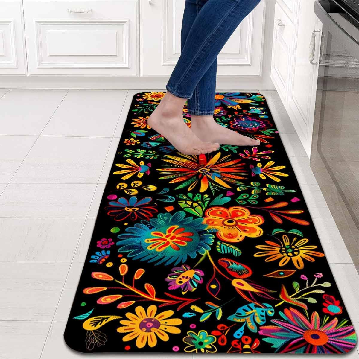 Mexican Floral Kitchen Rugs Set of 2, Colorful Kitchen Mats with Rubber Backing Non Slip Washable, Cinco De Mayo Gift, 17" x 29 + 17" x 47" (Black)