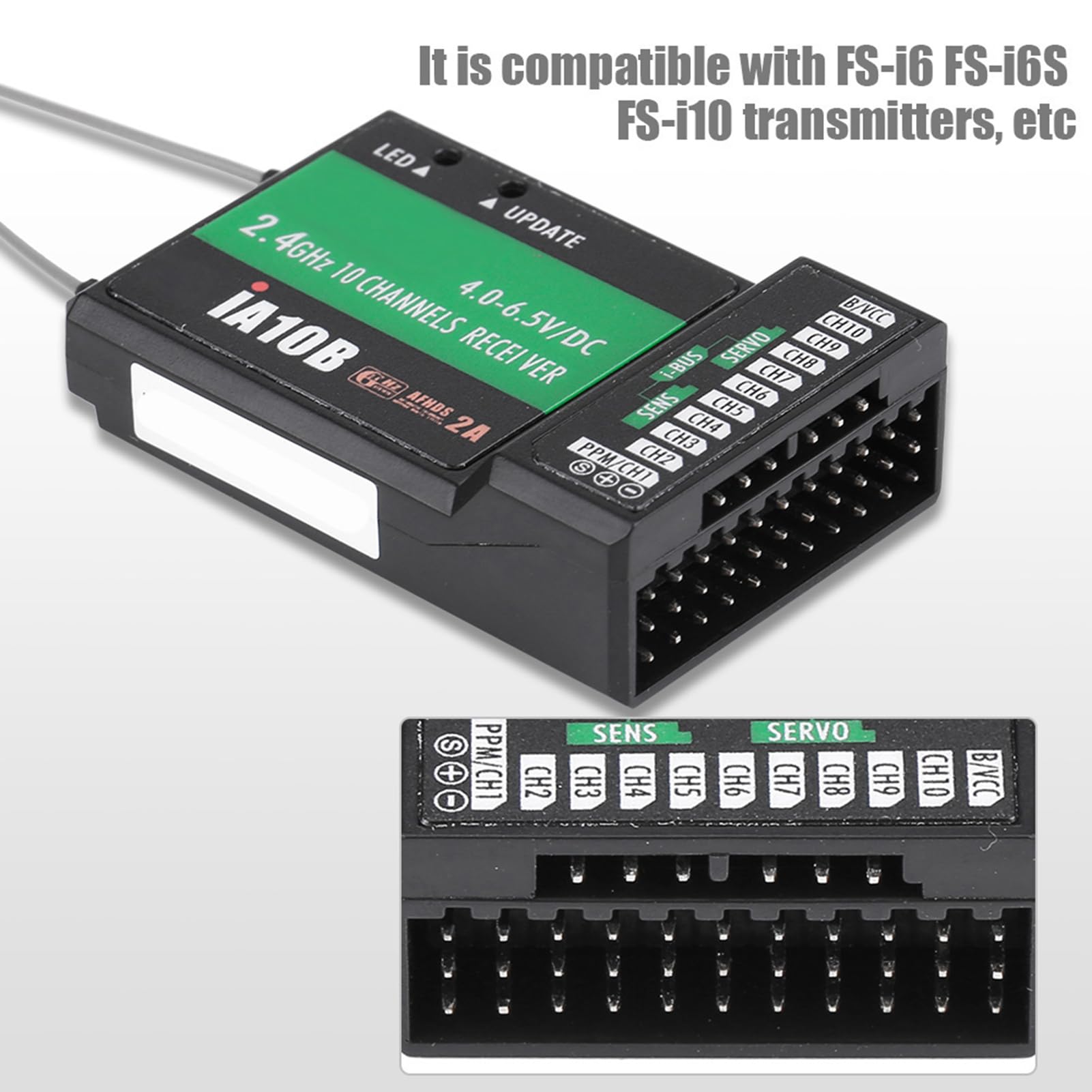 Flysky FS-IA10B 2.4G Receptor de 10 canales Salida PPM con puerto IBus para helicóptero RC