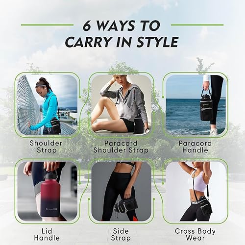 Miniatura 7 de Botella de agua aislada con bolsa de transporte, botella de agua de acero inoxidable de boca ancha de 64 onzas con tapas, paracord, cepillo de