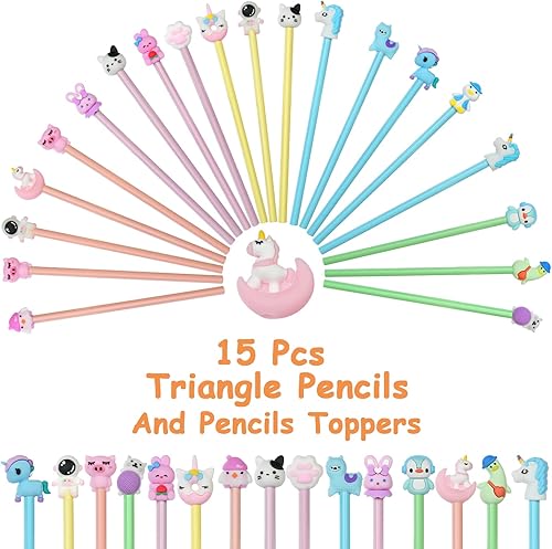Miniatura 2 de AUAUY Lápices HB, divertidos adornos de dibujos animados, 15 lápices de grafito con carcasa de madera para niños, escuela y oficina