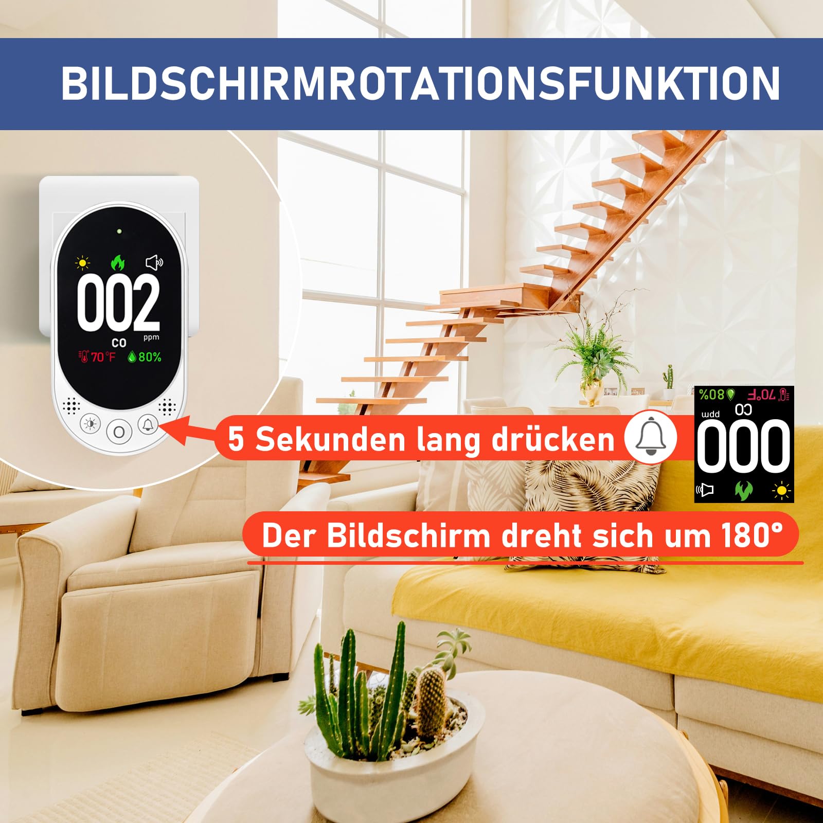 LSENLTY Kohlenmonoxid Melder, CO Melder mit HD-Bildschirm und Anzeige, visuellem und akustischem Alarm, 3-in-1-CO-Melder (CO-Gasmessgerät, Temperatur und Luftfeuchtigkeit) für Zuhause und unterwegs
