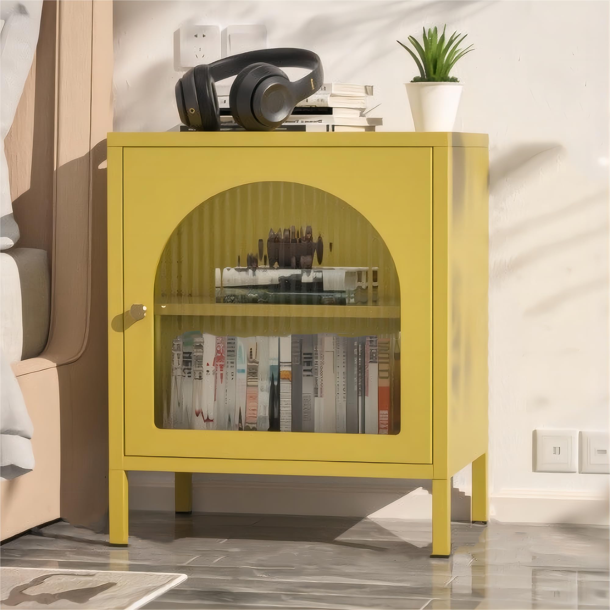 End table Glass bedside table modern end table side table with corrugated tempered glass door cold rolled steel frame storage rack coffee table home side table yellow size: 15.75"D x 17.72"W x 21.65"H