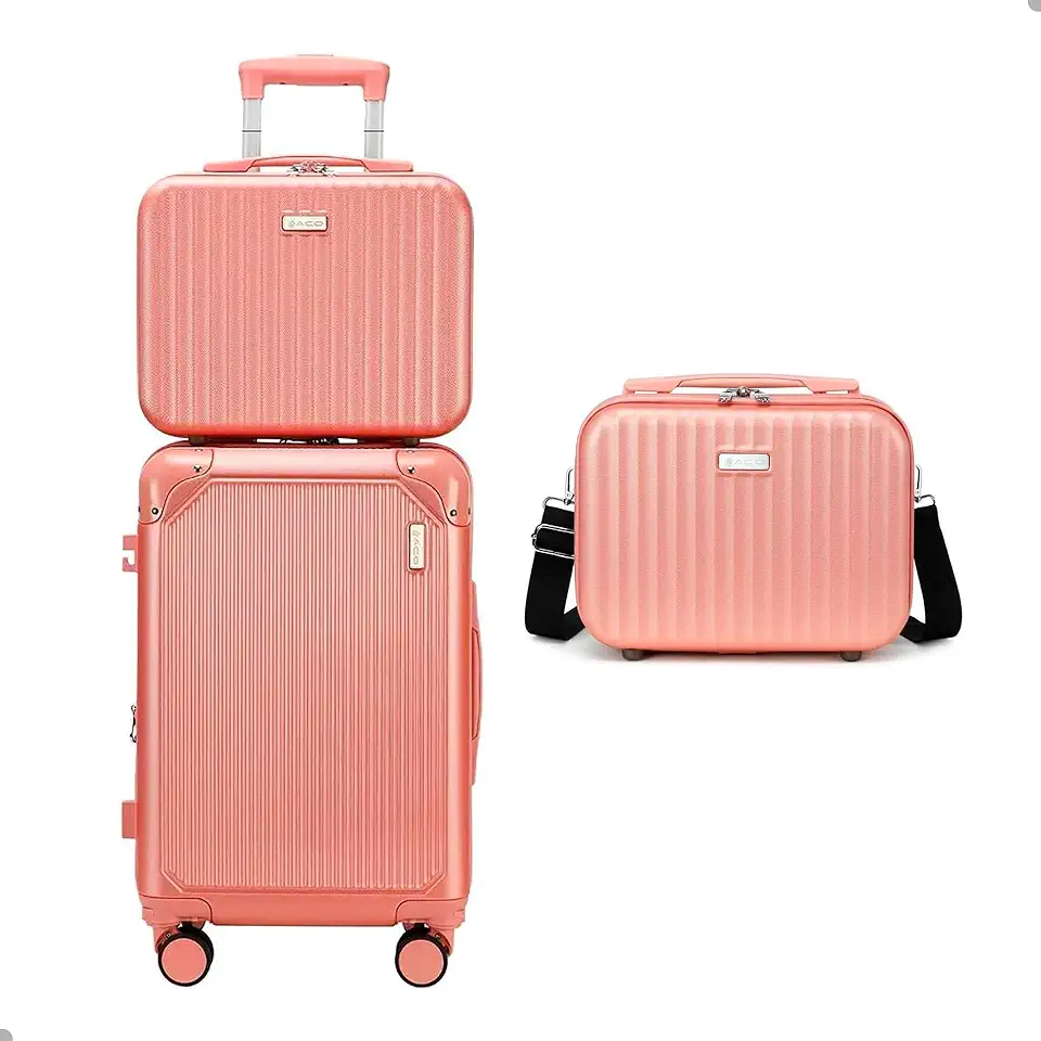 Kit Conjunto Mala e Frasqueira Necessaire de Bordo para Viagem 10Kg, Rodinha Dupla 360°, Cadeado TSA, Rígida, Expansiva e Reforçada, Ideal para Avião (Rosa)