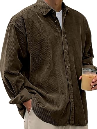 LOVESHOOT Fall Shirts for Men Casual Corduroy Jacket Button Down Long Sleeve Overshirt Loose Stylish Solid Color Shackets