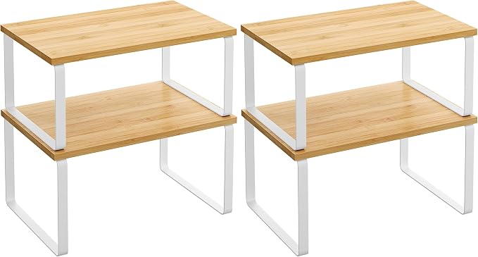 SONGMICS Cabinet Organizer Shelf, Set of 2 Kitchen Counter Shelves, Kitchen Storage, Spice Rack, Stackable, Expandable, Metal and Engineered Wood, Cloud White and Natural Beige UKCS02NW (Pack of 2)