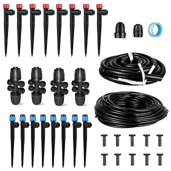 Drip Irrigation System Kit - Garden Watering System with 16FT 1/2 & 79FT 1/4" Irrigation Tubing Parts - Automatic Irrigation Sprinkler Equipment for Raised Beds, Plants, Garden, Lawn, Greenhouse