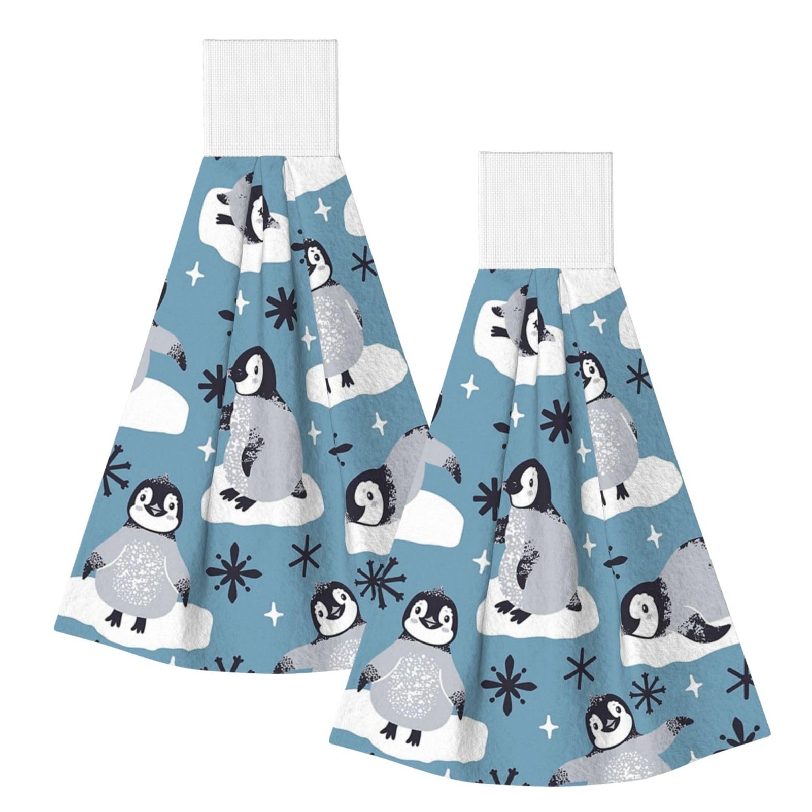 DOPKLNA Cute Penguins And Snowflakes, 2 Pcs Hanging Coral Fiber Hand Towels for Bathroom, Absorbent Kitchen Towels