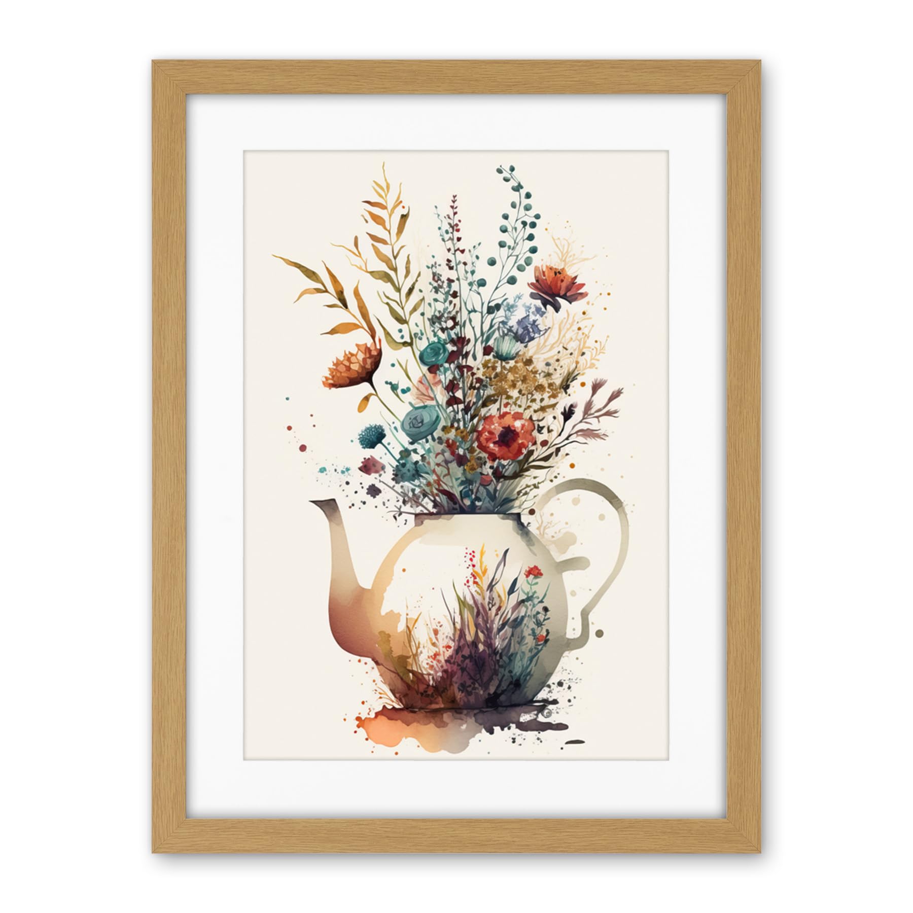 Artery8 Wildflower Bouquet Teapot Vase with Floral Design Artwork Framed Wall Art Print 18X24 Inch