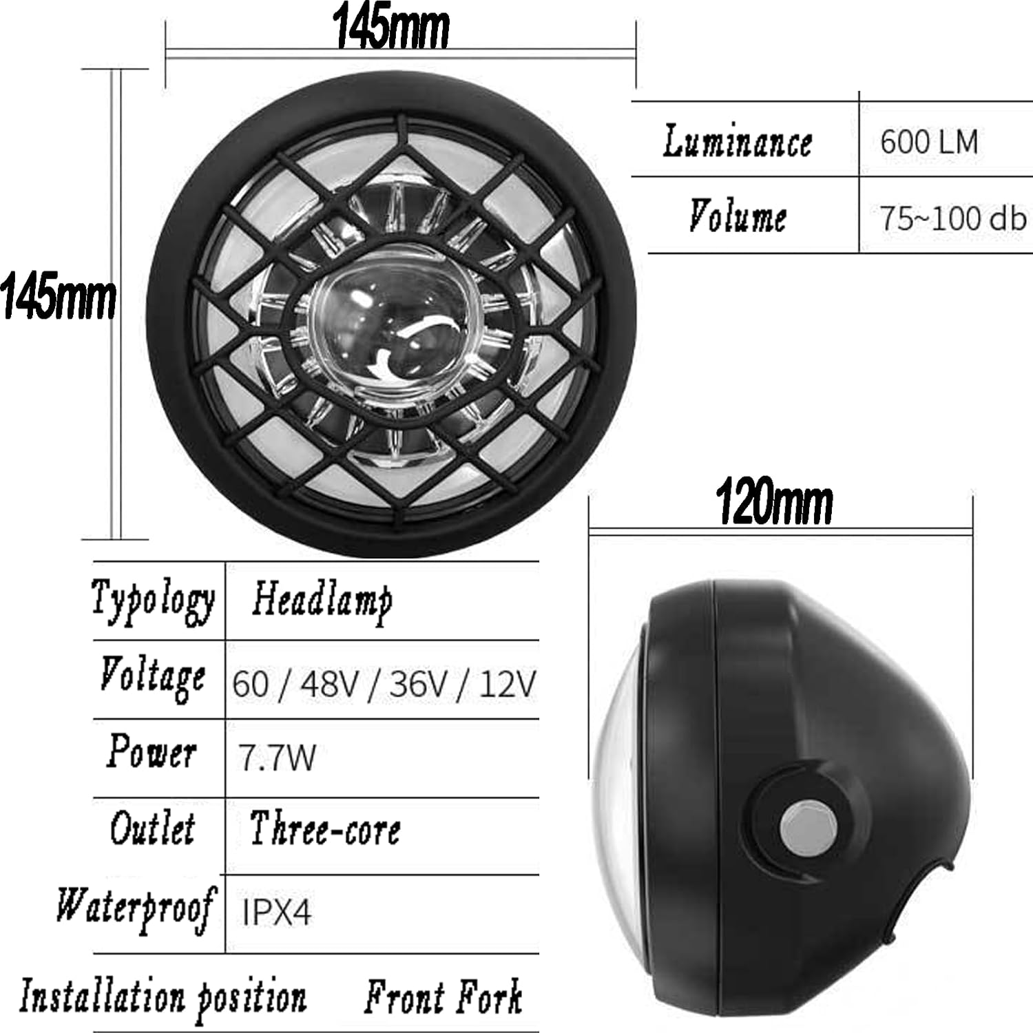 Diagram showing the dimensions of the NULKOMMA E-Bike Headlight and a table listing its specifications including luminance, volume, voltage, power, outlet type, waterproof rating, and installation position.