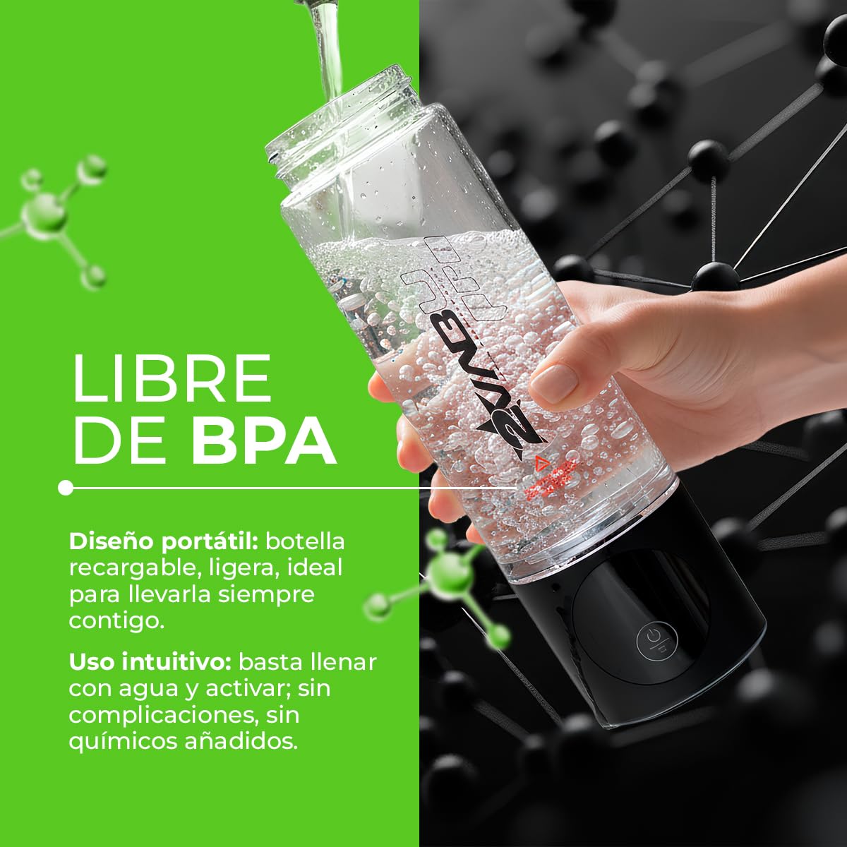 Botella de Agua Hidrogenada – 4000 PPB de Hidrógeno Molecular – Tecnología SPE/PEM de Alta Pureza – Pantalla OLED – 280 ml (Molecular Pro)