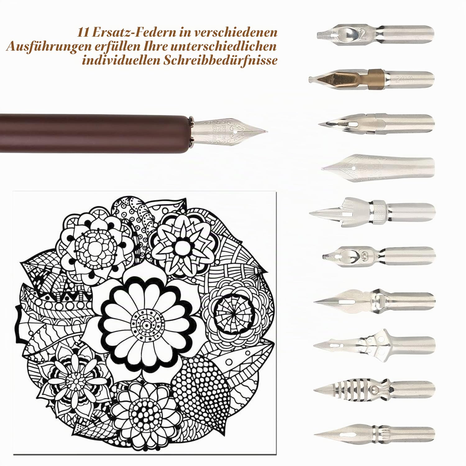 hhhouu Schönschreibfüller Holzstift Handgefertigtes Kalligraphie Set Anfänger mit Tinte und 11 Federn für Kunst, Schreiben, Unterschriften, Dekoration, Geschenk HO-Q-301